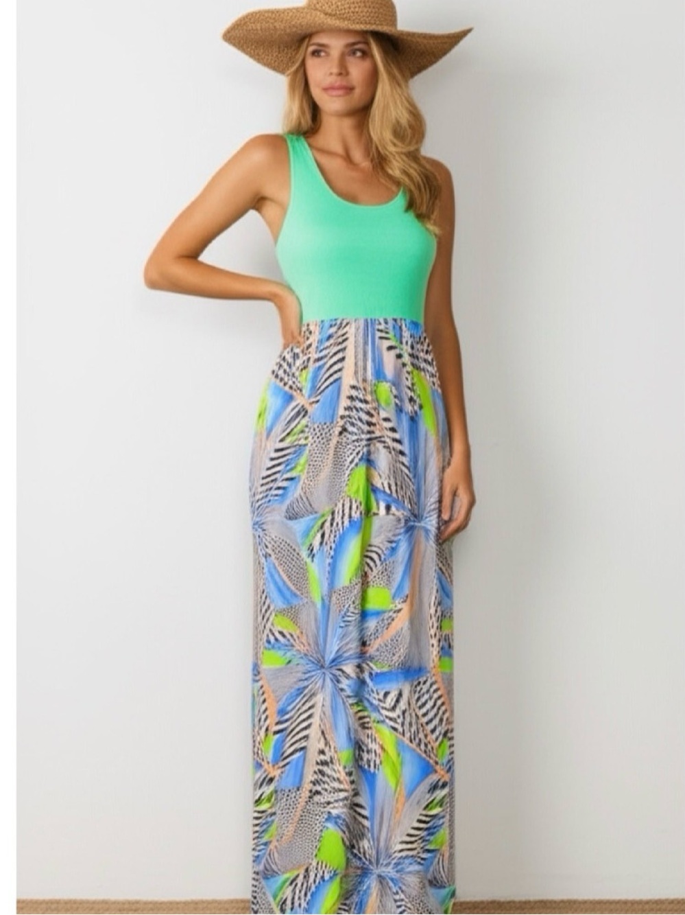 TYCHE Tropical Getaway Color Block Sleeveless Maxi in Mint USA MADE (S,M,L)